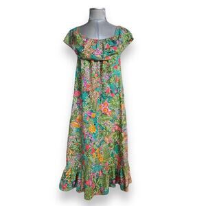 Vintage 70s Union Made Safari Maxi Dress Tropical Jungle Off Shoulder